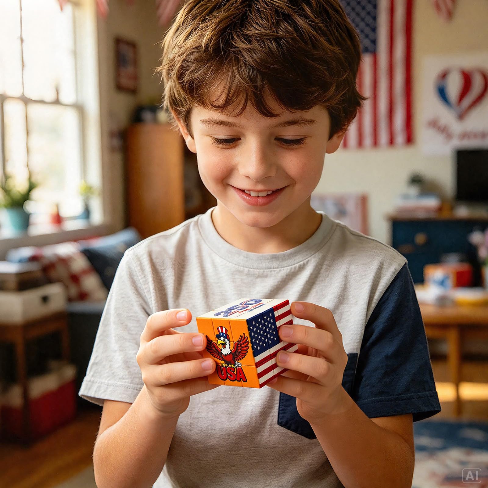 ZeeChan 250th Anniversary Cube Puzzle, USA Patriotic 3x3 Brain Teaser Toy with Acrylic Display Case | 4th of July Independence Day Gift & Decor |