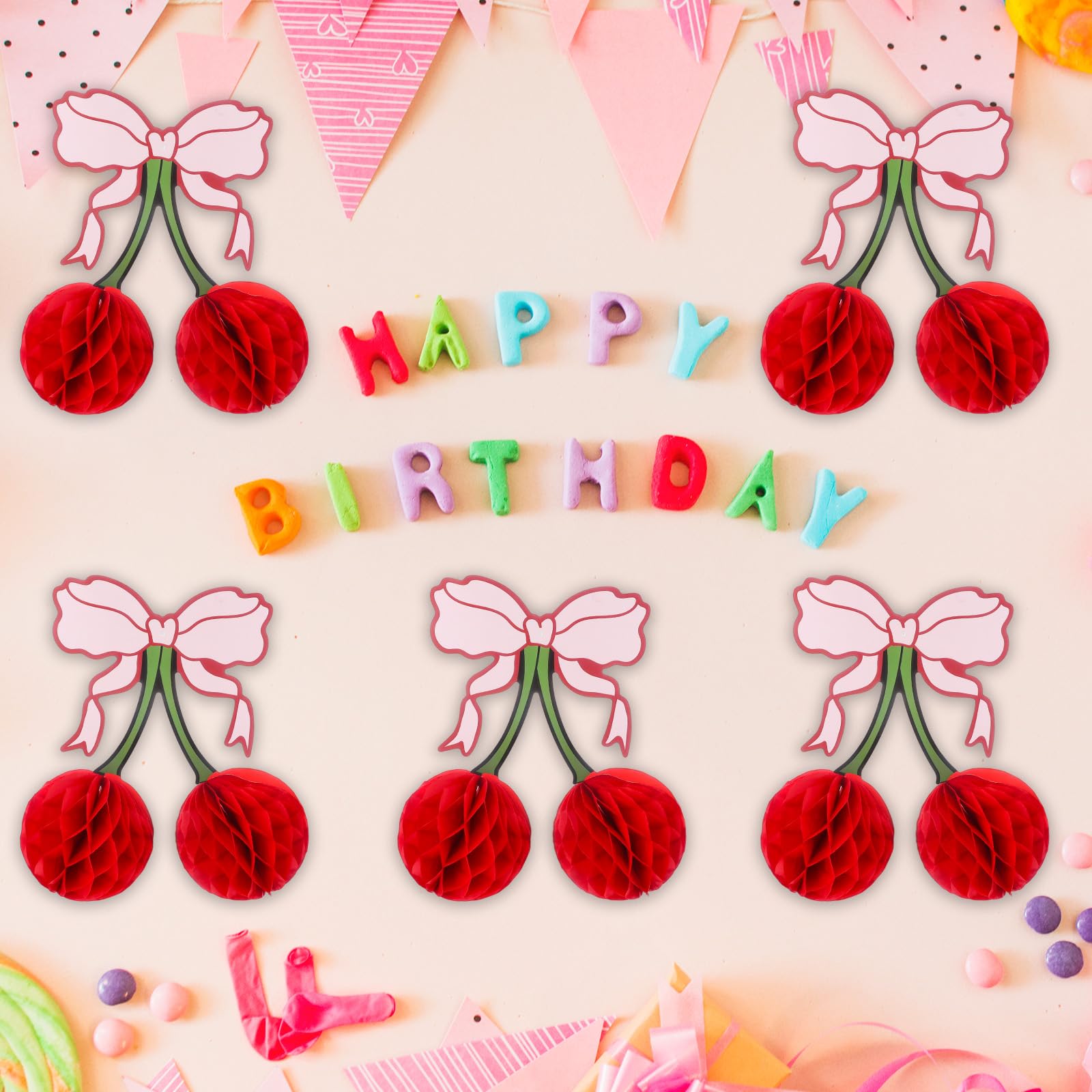 XEQWZVFR 10PCS Cherry Bow Honeycomb Decor 3D Cherry Bow Honeycomb Birthday Party Decorations Cherry Centerpiece Table Decorations Cherry-Bow Table
