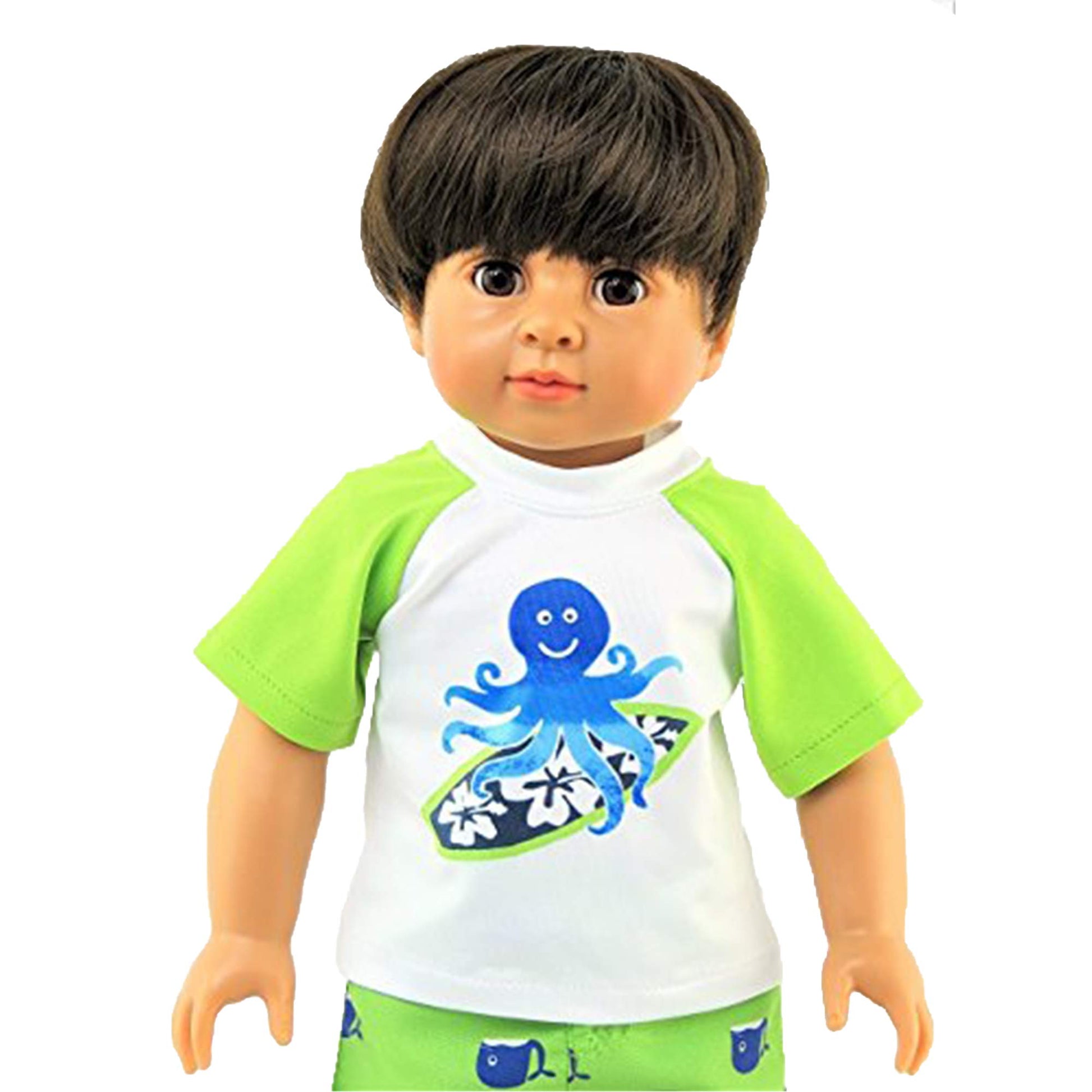 American Fashion World Boy’s Surfing Octopus Rash Guard and Swim Trunks Set for 18-Inch Dolls | Premium Quality & Trendy Design | Dolls Clothes |