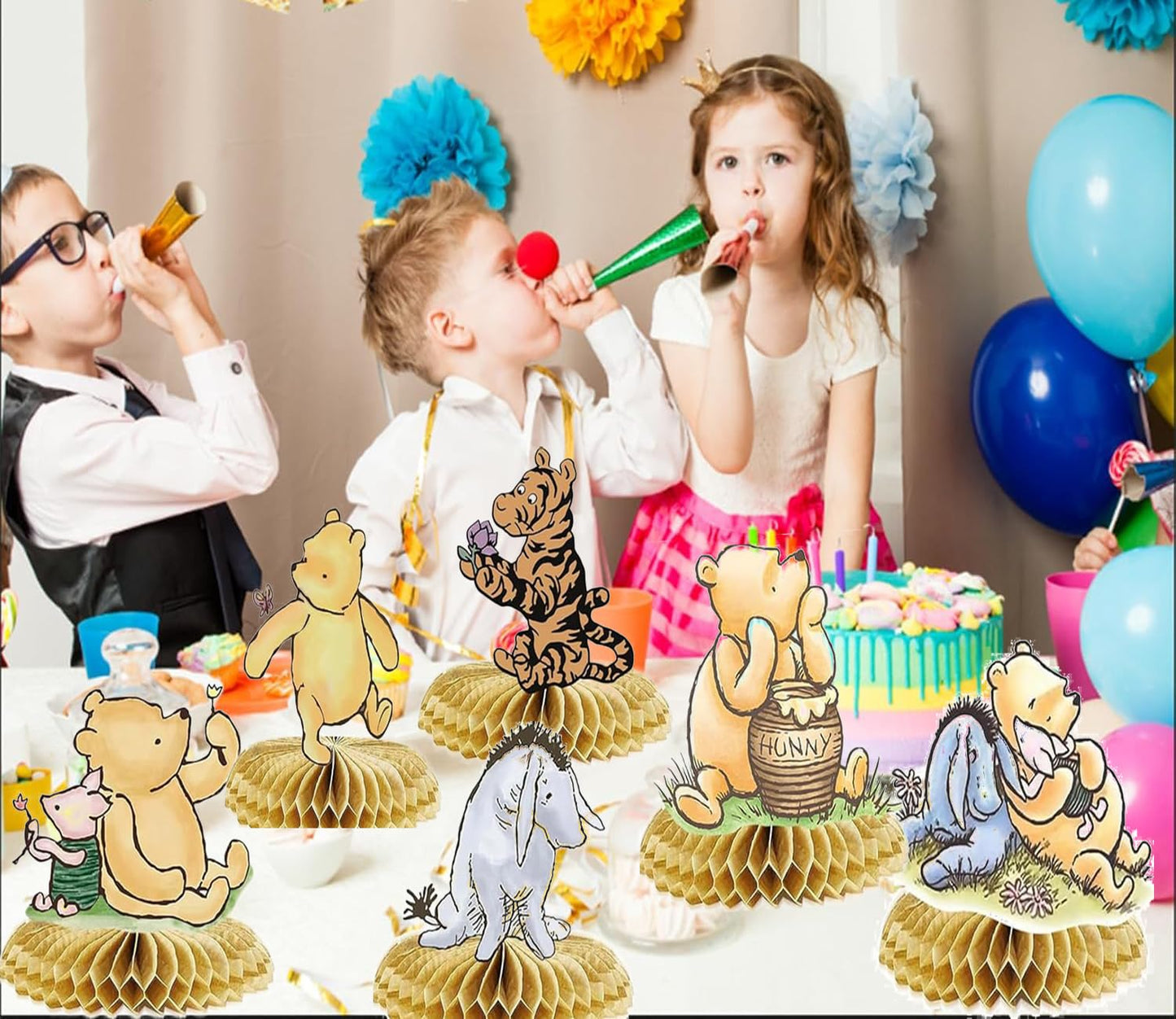 9PCS Classic Winnie Centerpieces Decorations, Winnie Honeycomb Centerpieces for Birthday Party Baby Shower Decorations Table Centerpieces Table Topper