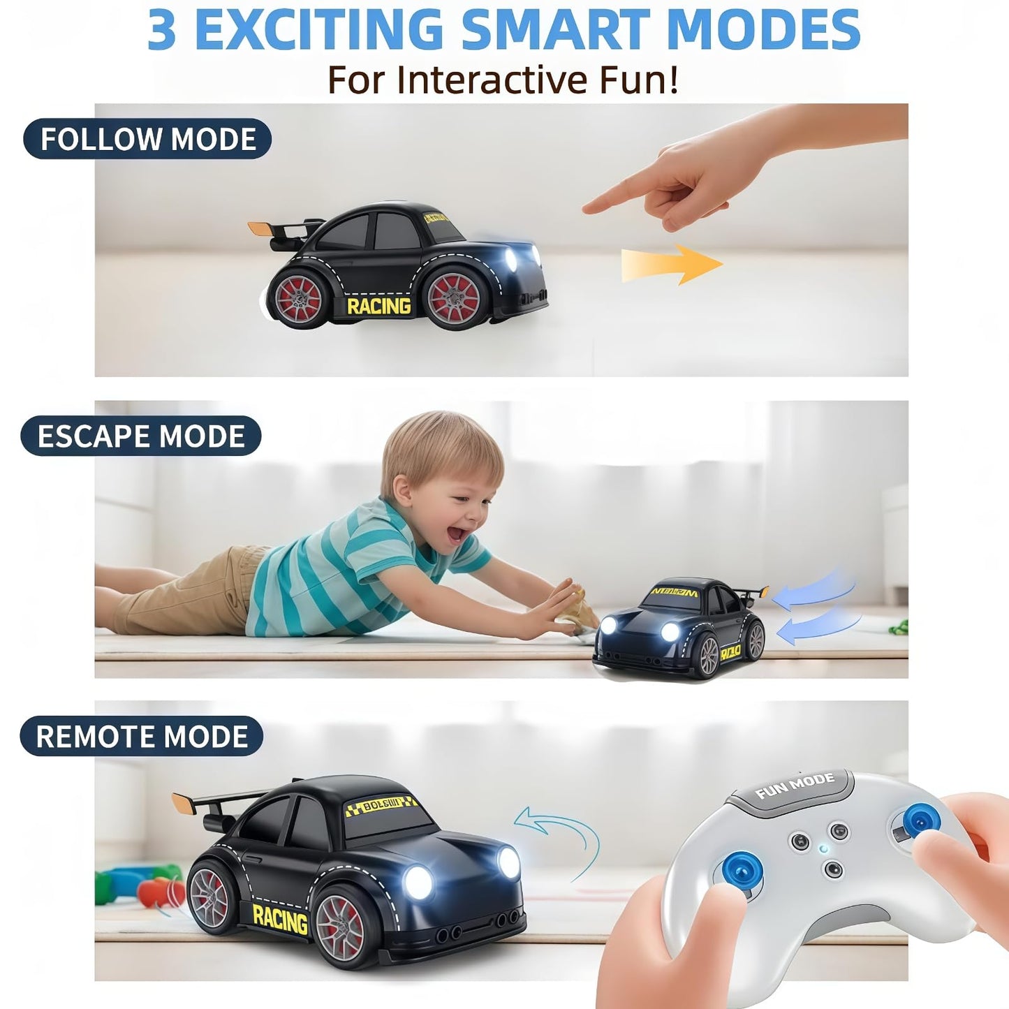 PanniOhye 3-in-1 Smart RC Car with Follow & Escape Modes, 360° Stunt Drift, Voice/Light Effects, and Pet Play Mode, 4WD Remote Control Car Toy