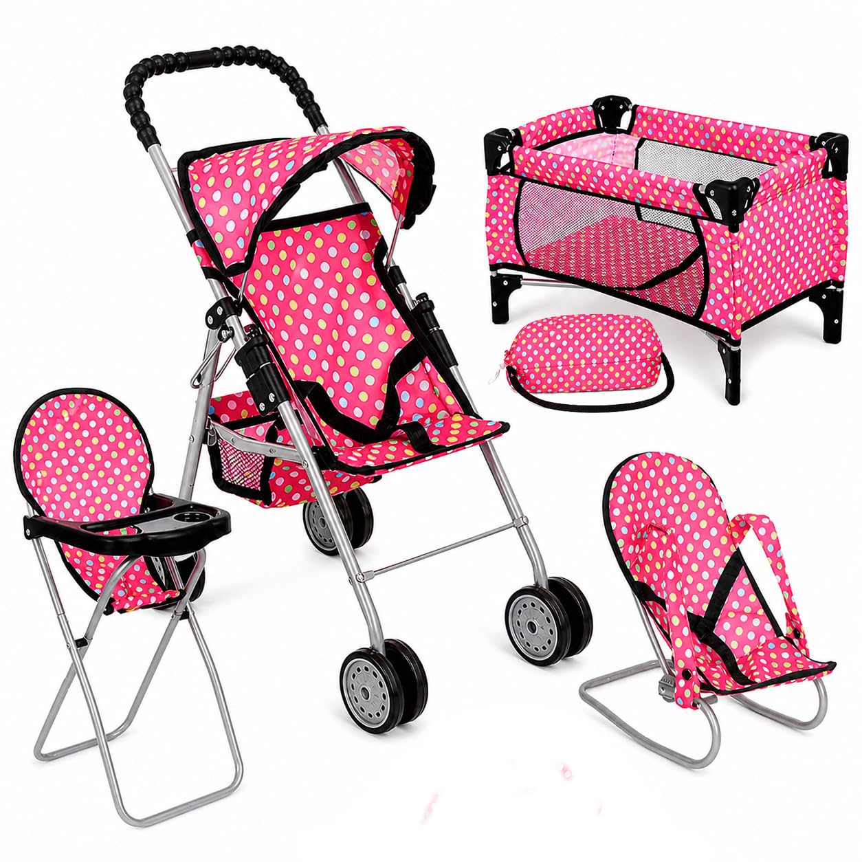 fash n kolor 4 Piece Doll Play Set, Includes - 1 Pack N Play. 2 Doll Stroller 3.Doll High Chair. 4.Infant Seat, Fits Up to 18'' Doll (4 Piece Set)
