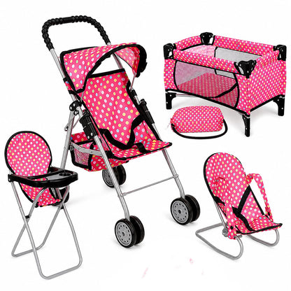 fash n kolor 4 Piece Doll Play Set, Includes - 1 Pack N Play. 2 Doll Stroller 3.Doll High Chair. 4.Infant Seat, Fits Up to 18'' Doll (4 Piece Set)