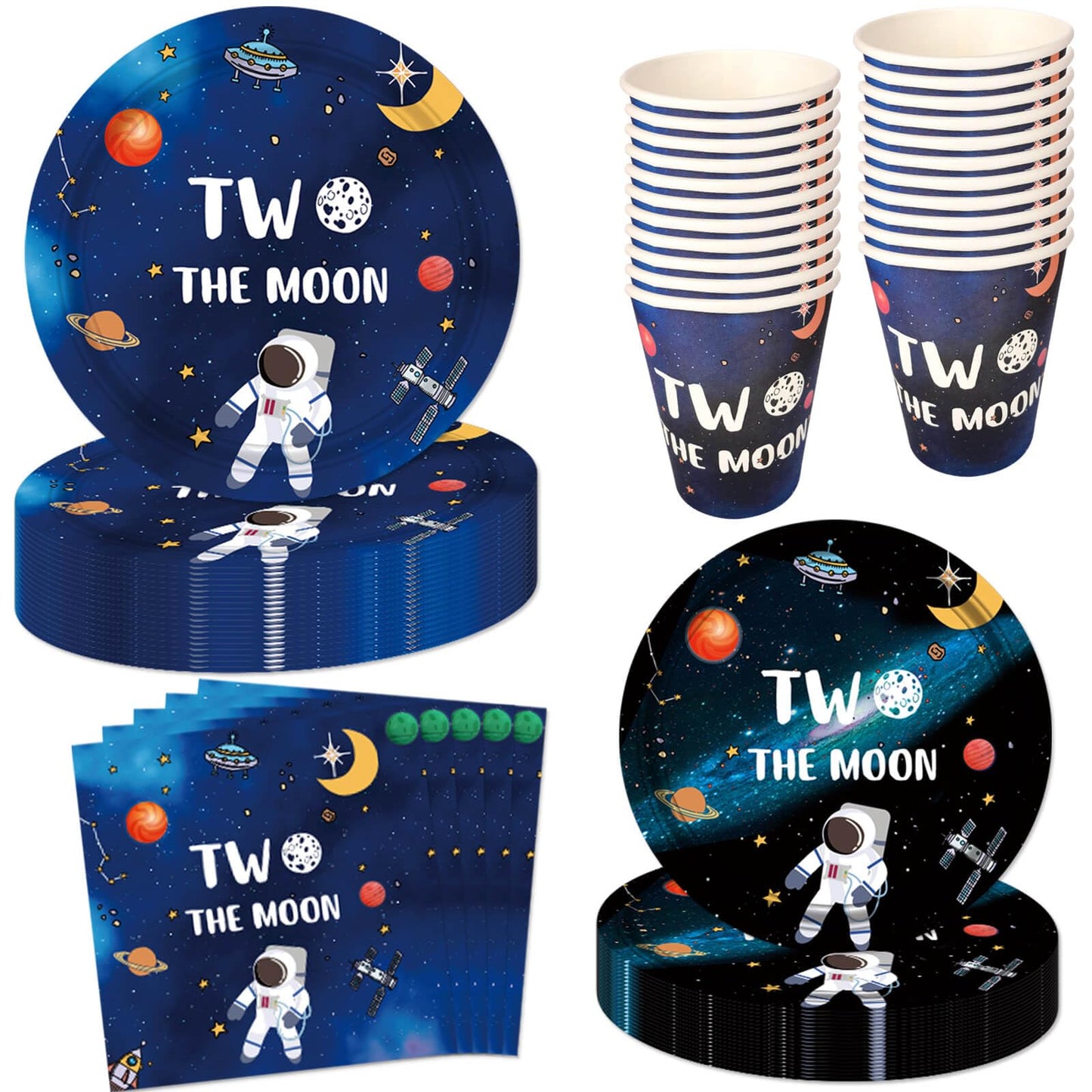 LetDec 60 Pcs Moon Birthday Decorations - Tableware, Outer Space Paper Plates, Napkins, Cups for Galaxy Astronaut/Robot UFO Baby Boys 2nd Birthday