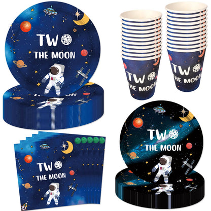LetDec 60 Pcs Moon Birthday Decorations - Tableware, Outer Space Paper Plates, Napkins, Cups for Galaxy Astronaut/Robot UFO Baby Boys 2nd Birthday