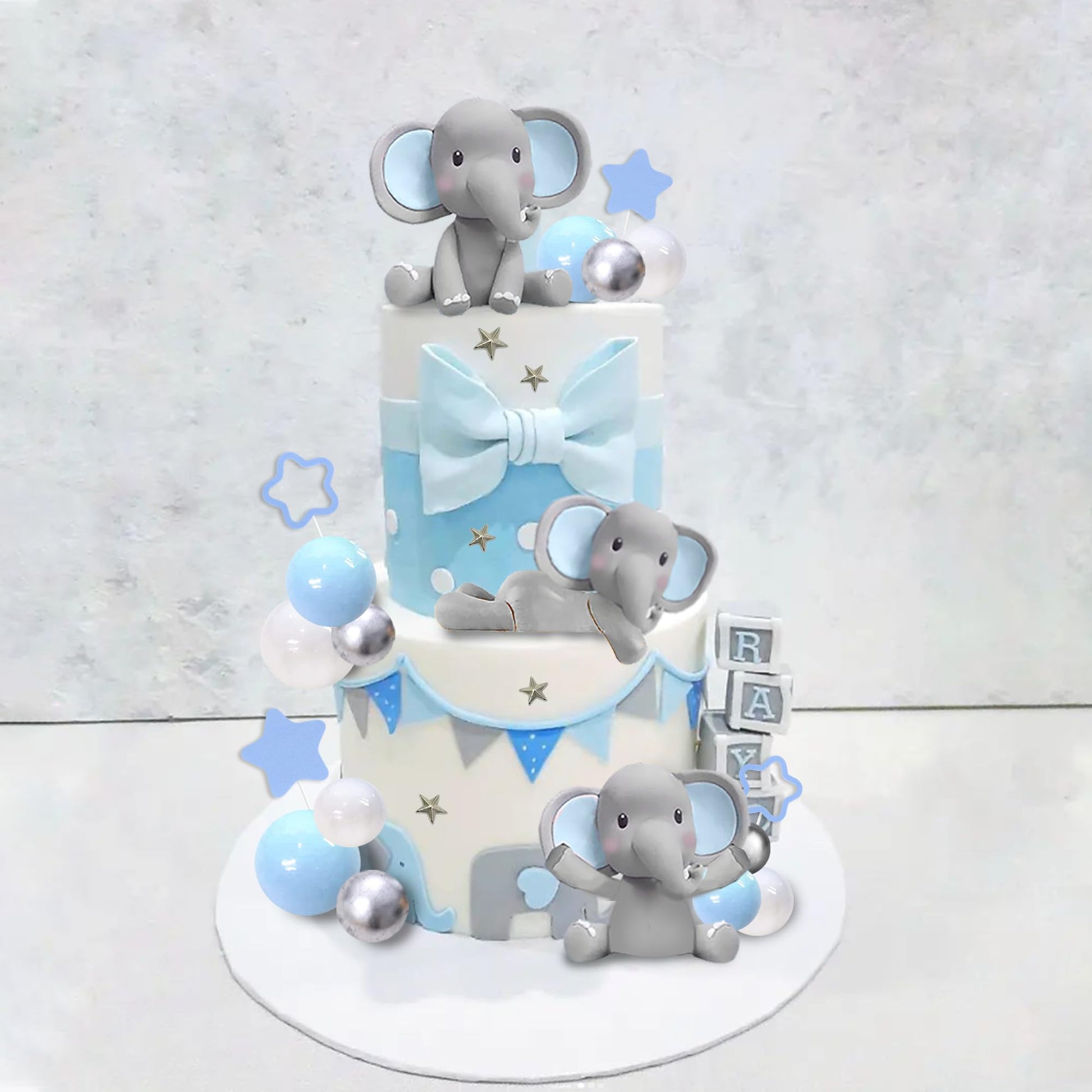 32 PCS Elephant Cake Decoration with Mini Elephant Blue White Pearl Balls for Elephant Theme Birthday Supplies (BLUE)