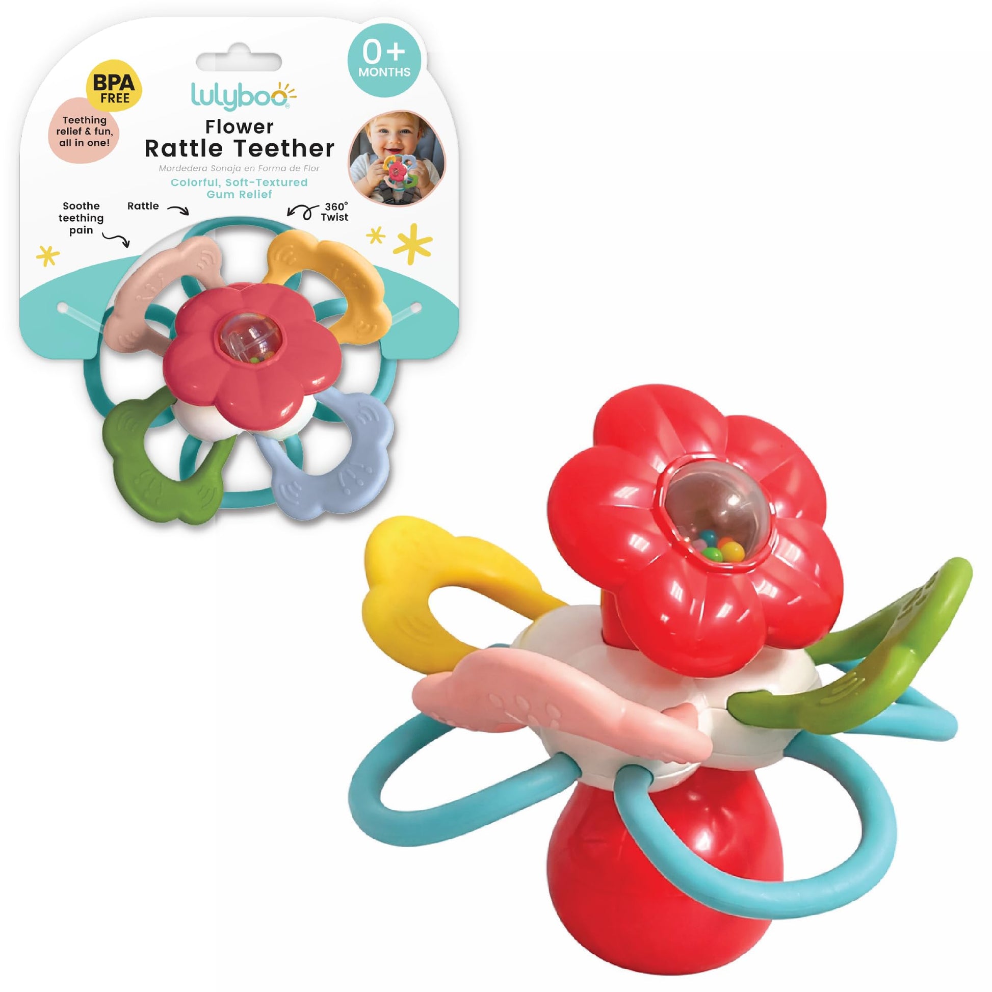 Lulyboo Flower Rattle Teether: BPA-Free Silicone with Textured Petals, Built-in Rattle Beads and 360° Twist. Soft, Flexible Design soothes Gums While