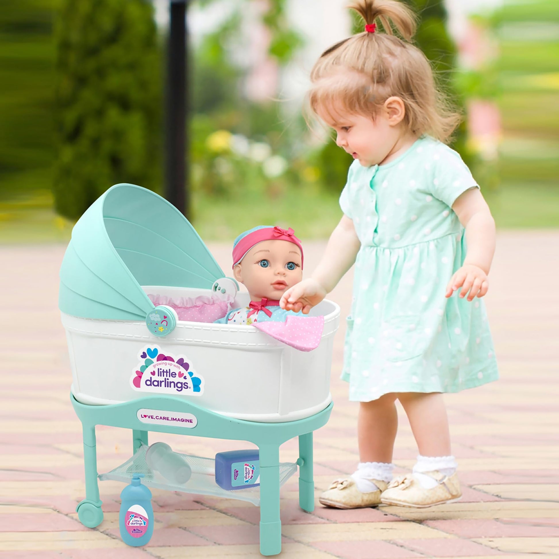 New Adventures Little Darlings: 12" Bassinet Baby Doll Set - Teal, Pink, Stars - Soft Body Doll, Plastic Bassinet, Accessories, Toddler Kids Ages 2+