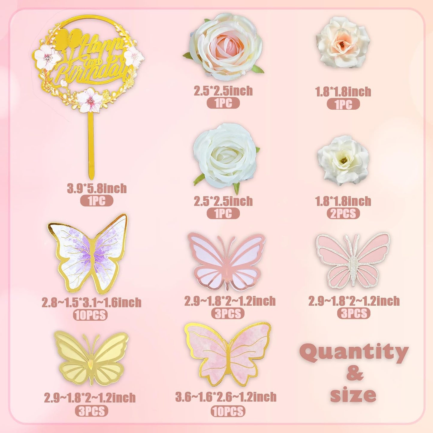 35PCS Butterfly Cake Topper Decorations with Artificial Flowers for Anniversary Butterfly Birthday Supplies (Pink Gold)