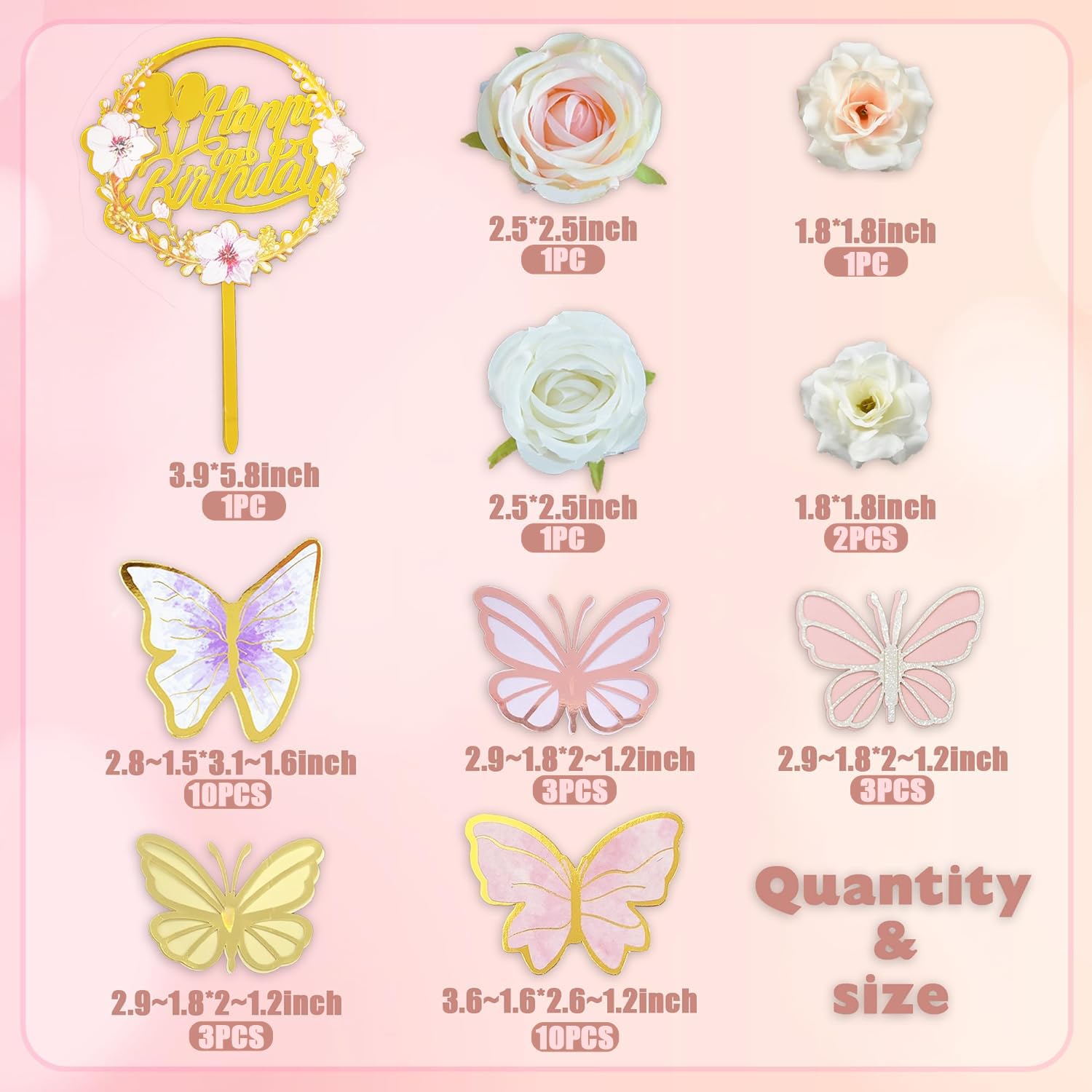 35PCS Butterfly Cake Topper Decorations with Artificial Flowers for Anniversary Butterfly Birthday Supplies (Pink Gold)