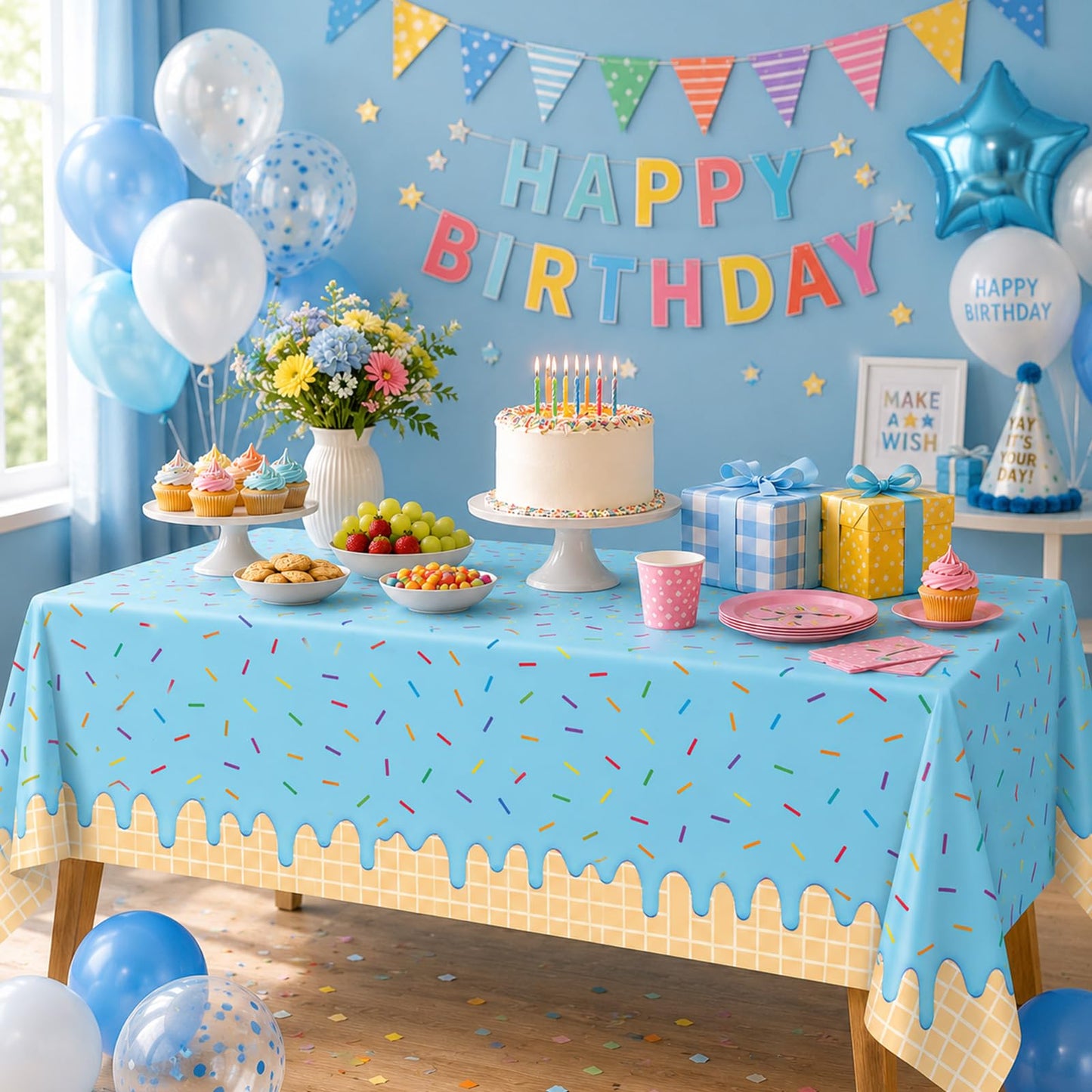 Broeify 3-Piece 54 x 108 Inch Summer Dessert Plastic Tablecloth - Blue, Yellow, Pink Sprinkle Design, Disposable Rectangle Table Cover for Birthday