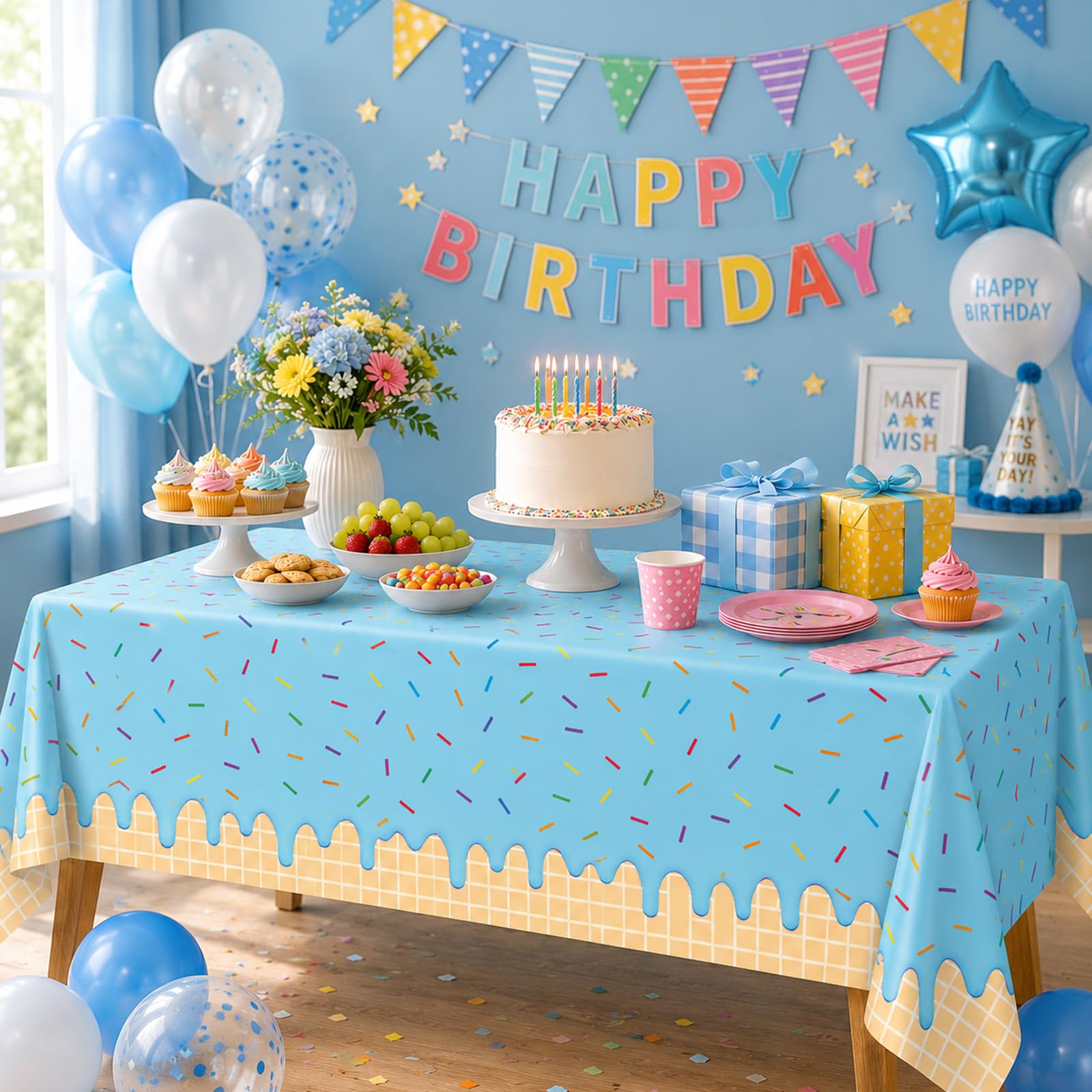 Broeify 3-Piece 54 x 108 Inch Summer Dessert Plastic Tablecloth - Blue, Yellow, Pink Sprinkle Design, Disposable Rectangle Table Cover for Birthday