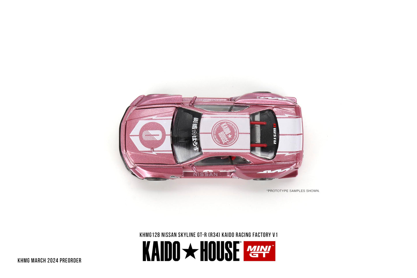 True Scale Miniatures Model Car Compatible with Nissan Skyline GT-R (R34) Kaido Racing Factory V1 Pink 1/64 Diecast Model Car Kaido House KHMG128