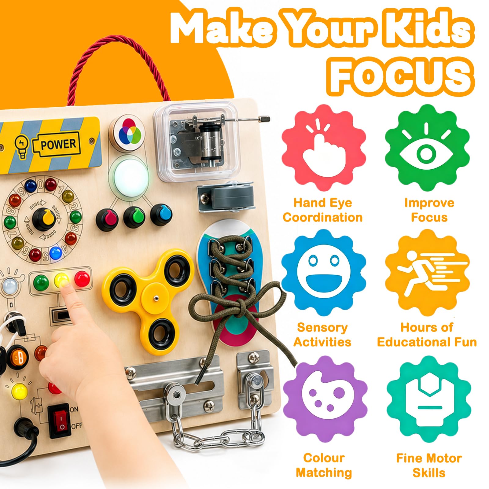 Busy Board with LED Light Switches, Montessori Toys for Toddlers 1-3, Wooden Sensory Activity Board, Travel Learning Toy for Boys & Girls, Educational