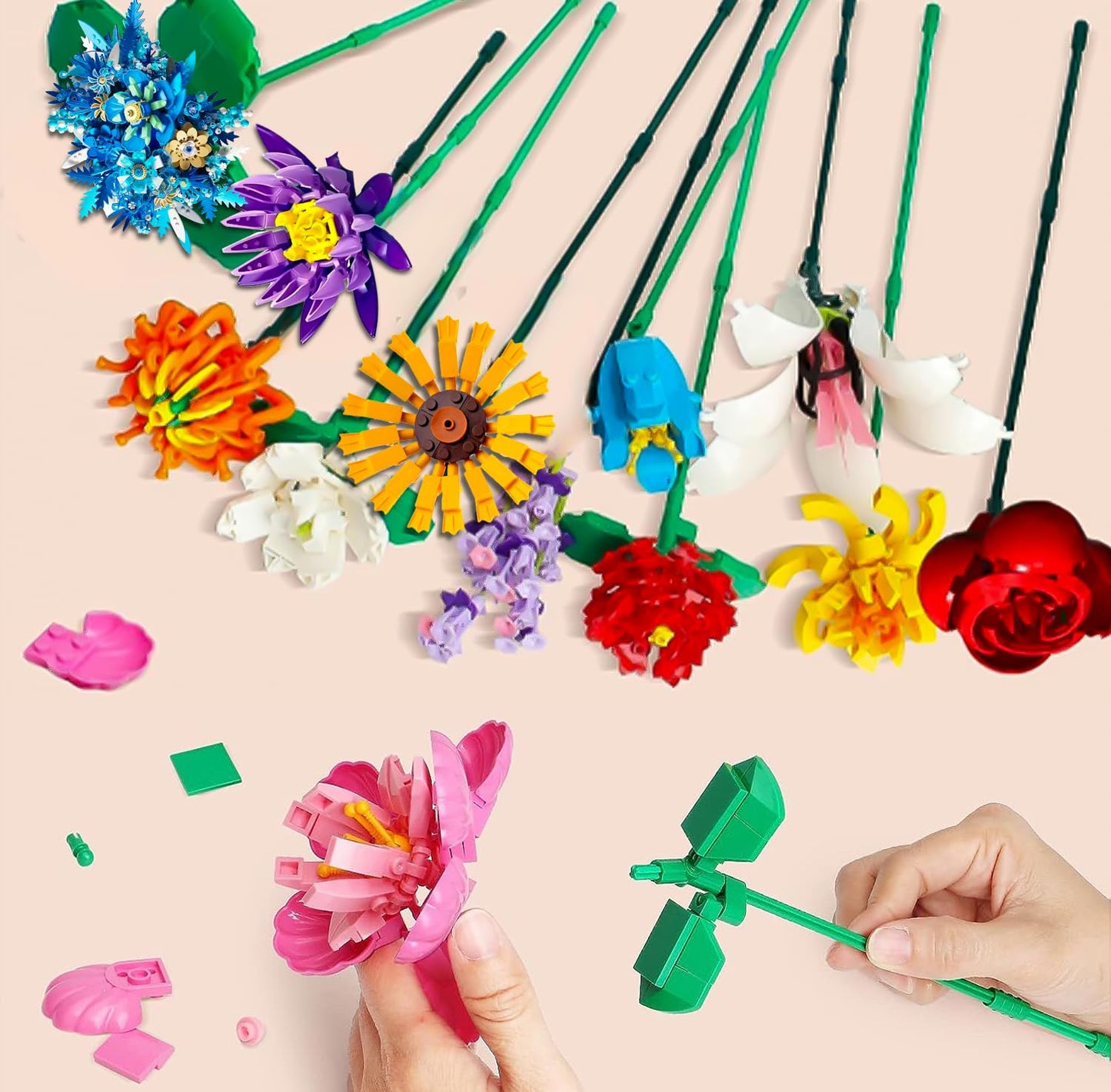 Flowers Bouquet Building Set 980 PCS - 12 Kinds of Flowers Botanical Collection and Decorative Home for Mother's Day, Birthdays, Valentine's Day Gifts