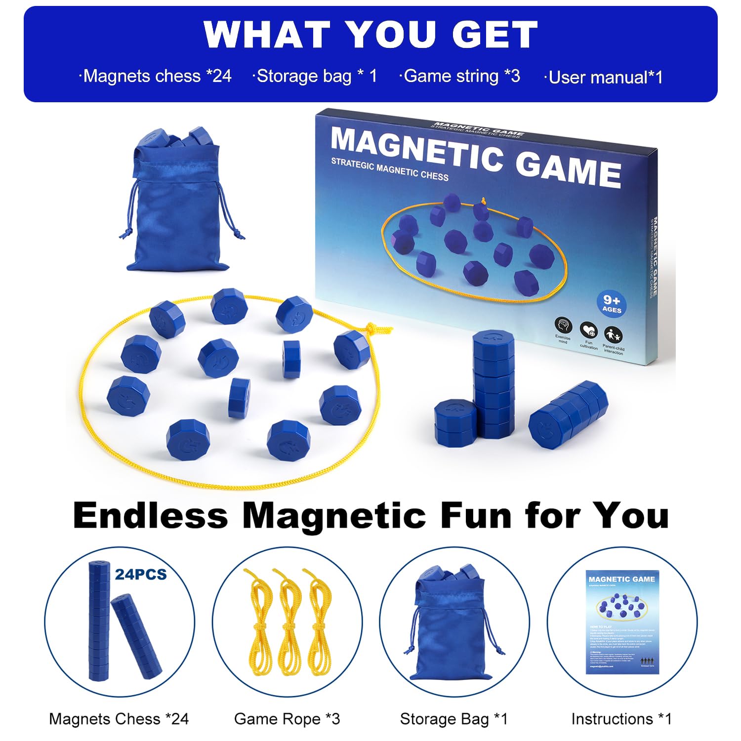Magnetic Chess Game with 24 Travel-Stones, Magnet Chess 3 String & Portable Storage Bag, for Family & Party & Travel & Camping, Exciting Magnetic Game
