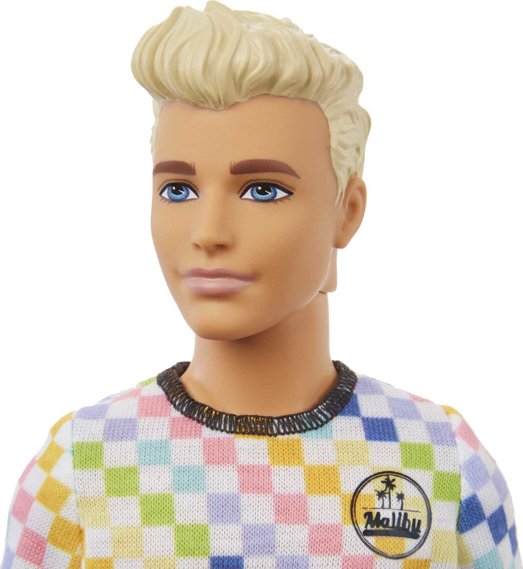 Barbie Fashionistas Ken Doll #174 with Sculpted Blonde Hair Wearing Surf-Inspired Checkered Shirt, Denim Shorts & Deck Shoes