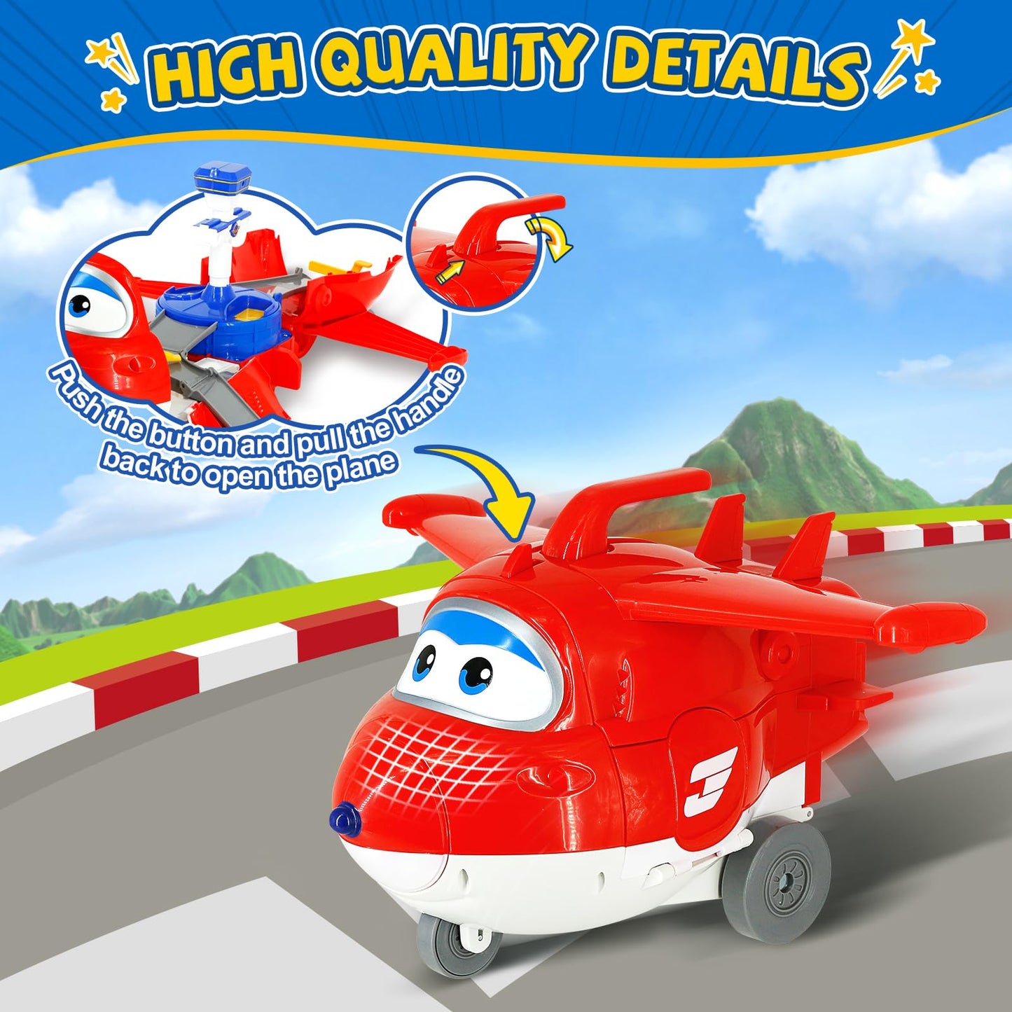 Super Wings Jett's Takeoff Tower 2-in-1 Airplane Toys Playset with 2" Jett Mini Figure Transform-a-Robots, Toys for Preschool Kids, Gifts for Boys