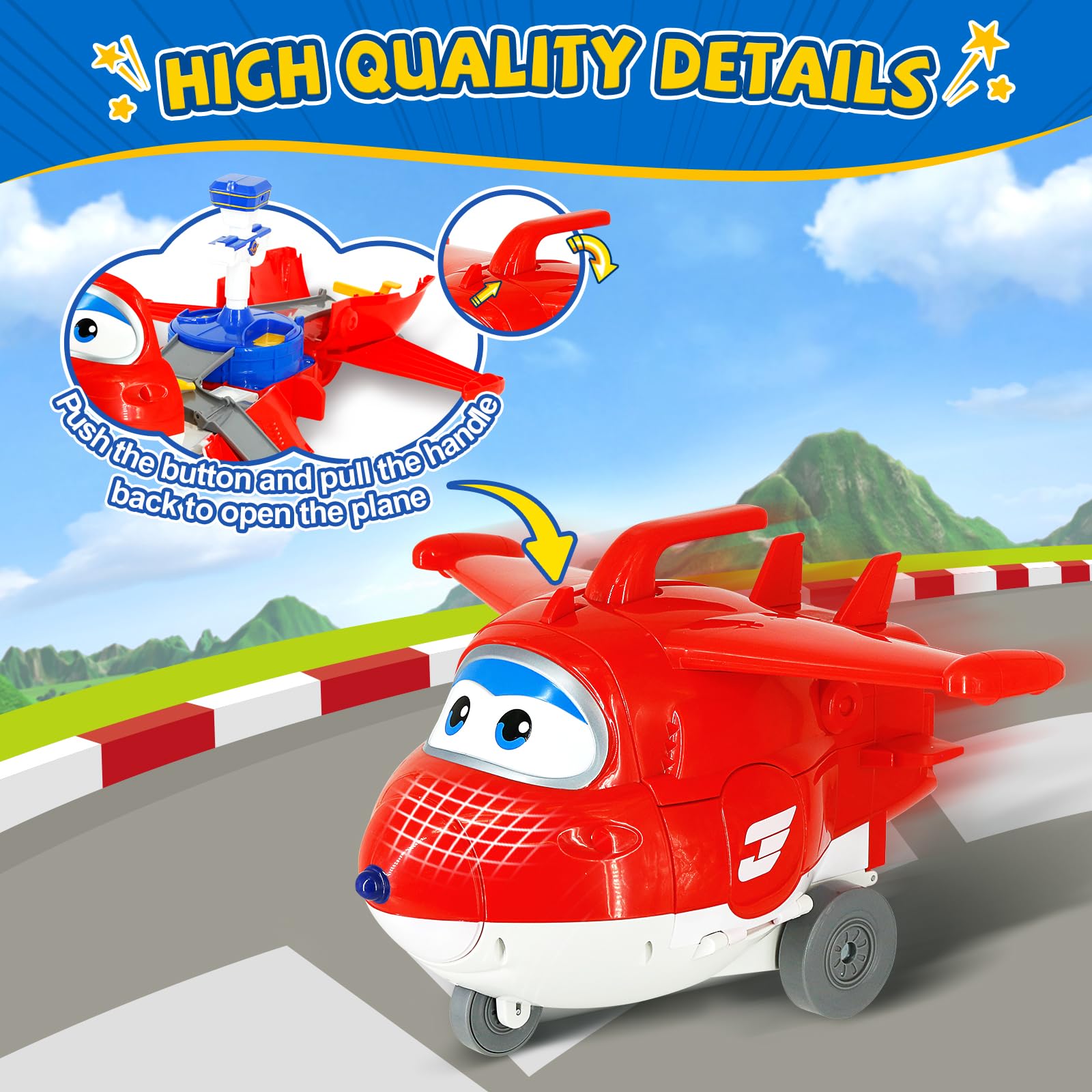 Super Wings Jett's Takeoff Tower 2-in-1 Airplane Toys Playset with 2" Jett Mini Figure Transform-a-Robots, Toys for Preschool Kids, Gifts for Boys