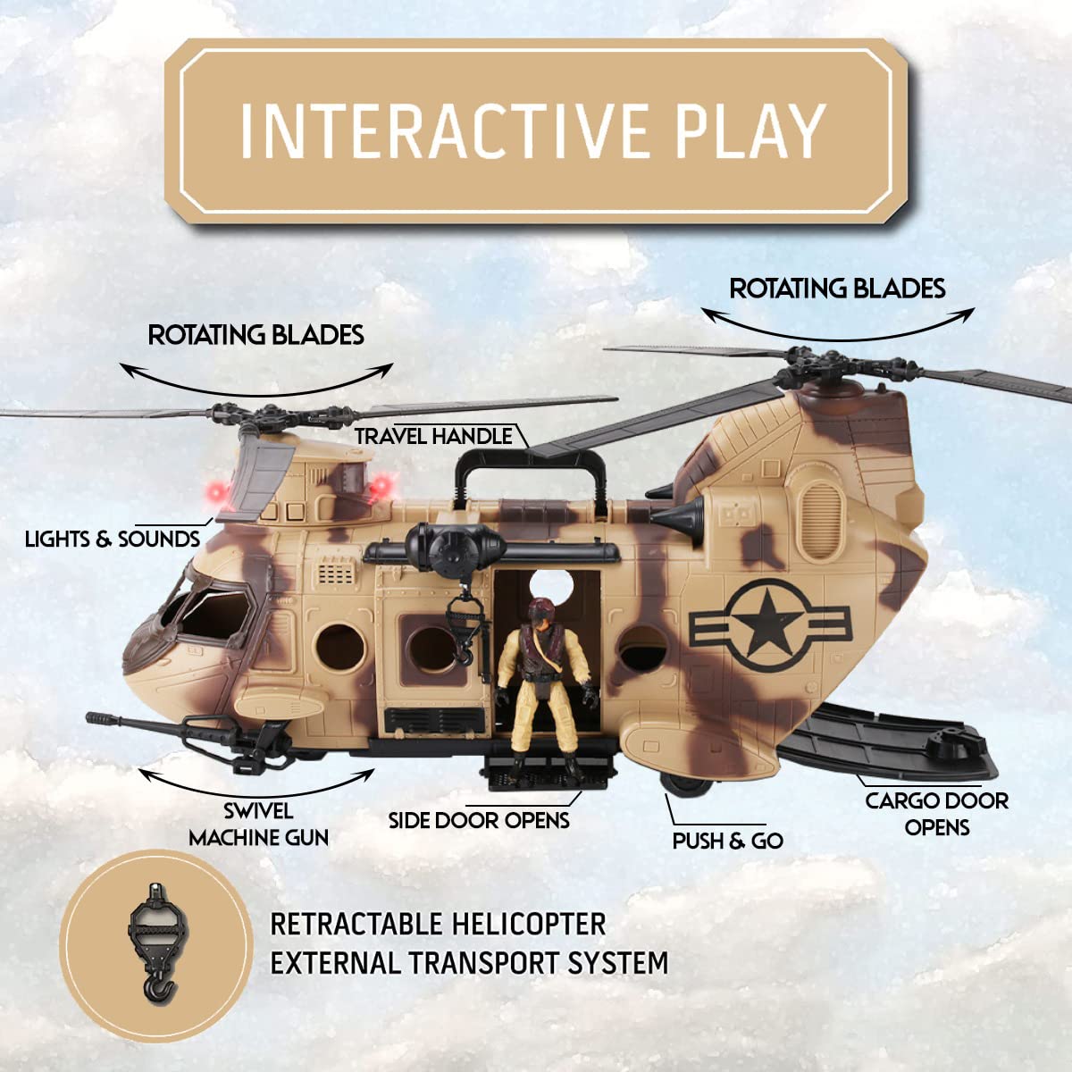 26 PCS Army Men Helicopter Carrier Toys, Military Soldier Action Figures, Combat Truck, Motorcycle, Jumbo Transport Aircraft with Lights & Sound