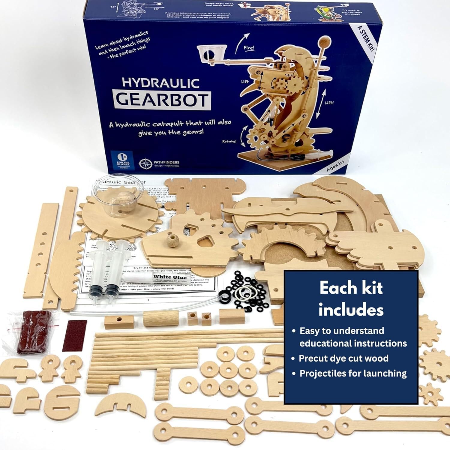 PATHFINDERS STEM Kits- Hydraulic Gearbot - Wooden STEM Building Catapult | Build-It-Yourself Hydraulic Robot with Gears & Launcher | Educational