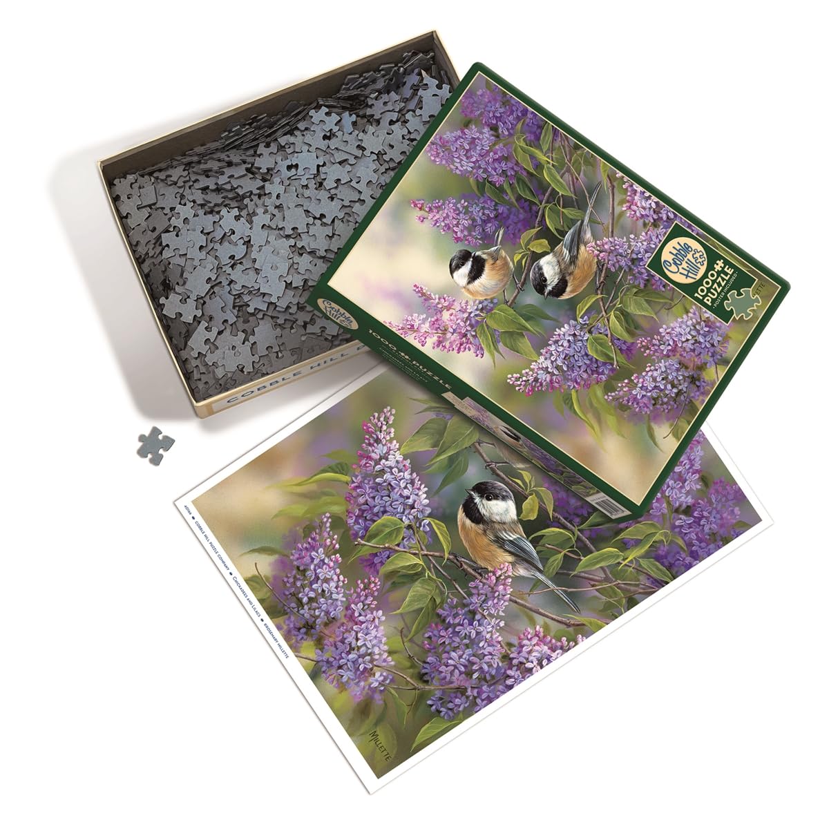 Cobble Hill 1000 Piece Puzzle - Chickadees and Lilacs - Sample Poster Included