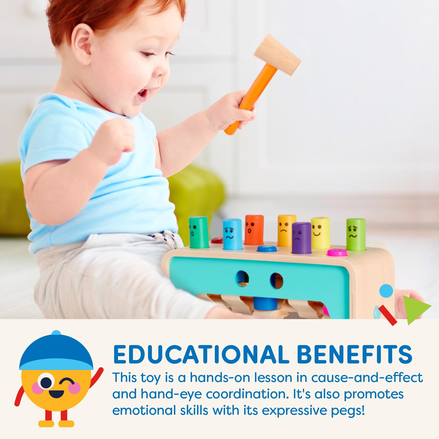 Battat - Wooden Hammer Toy for Kids, Toddlers - Pounding Bench with Pegs and Mallet - Colorful Developmental Toy - 1 Year + - Pound & Count Bench