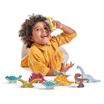 Tender Leaf Toys Dinosaur Animals - 8 Wooden Prehistoric Figurines with a Display Shelf - Classic Toy for Pretend Play - Develops Creative