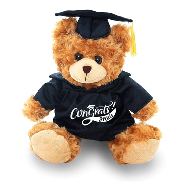 Plushland Plush Stuffed Animal Mocha Teddy Bear Toys Present Gifts for Graduation Day, Black Gown and Cap, Best for Any Grad School Kids (12 inch)