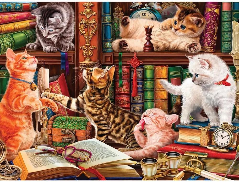 Bits and Pieces 300 Piece Puzzles for Adults - Library Kittens - 300 Large Pieces 18" x 24" Jigsaw Puzzles, Cute Cats Books, No 2 Pieces Alike