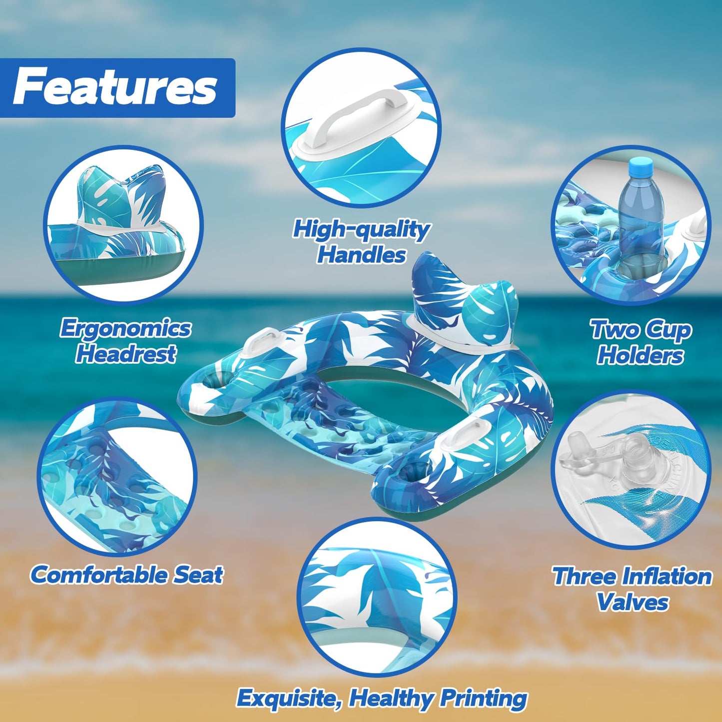 KEUCL Pool Floats, 3 Pack Inflatable Pool Float Chairs with Cupholders & Handles, Pool Floats Adult & Kids Perfect for Pool Lake & Rivers, Pool Toys