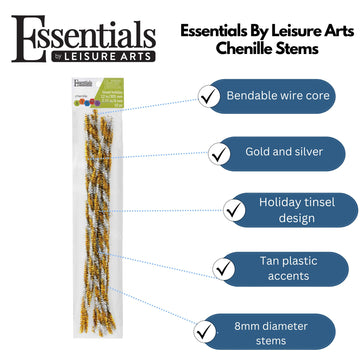Essentials By Leisure Arts Holiday Tinsel Chenille Stems 12 Inch 8mm, Gold and Silver Sparkly Craft Pipe Cleaners for Ornaments, Decorations, DIY