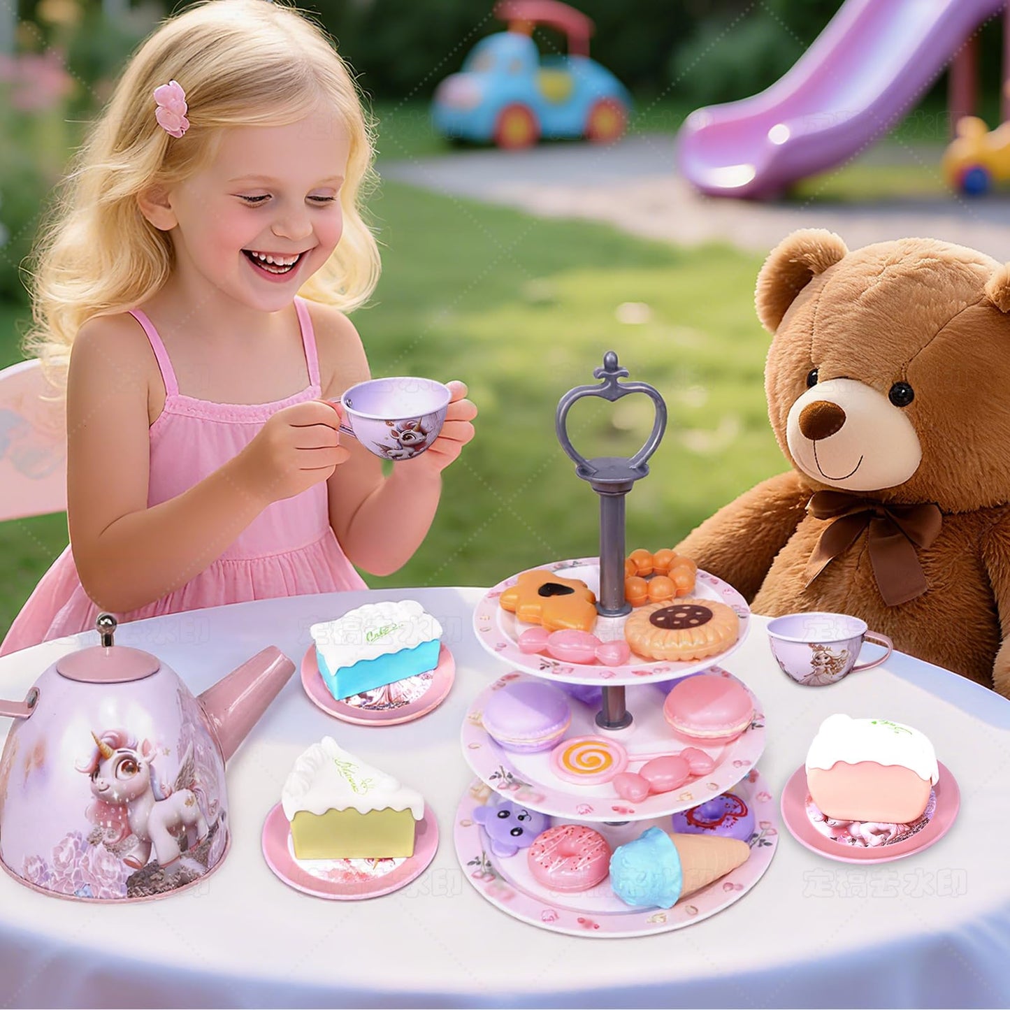 Unicorn Tea Party Set for Girls, Pretend Play Toy with Pink Tin Teapot, 4 Cups & Plates, Portable Carrying Case, Educational Gift for Toddlers Ages 3