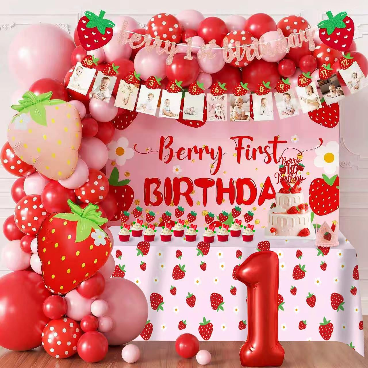 Berry Baby Girl 1st Birthday Decor, Strawberry First Birthday Decorations for Girls with Balloon Arch, Party Backdrop,Photo Banners,Cupcake