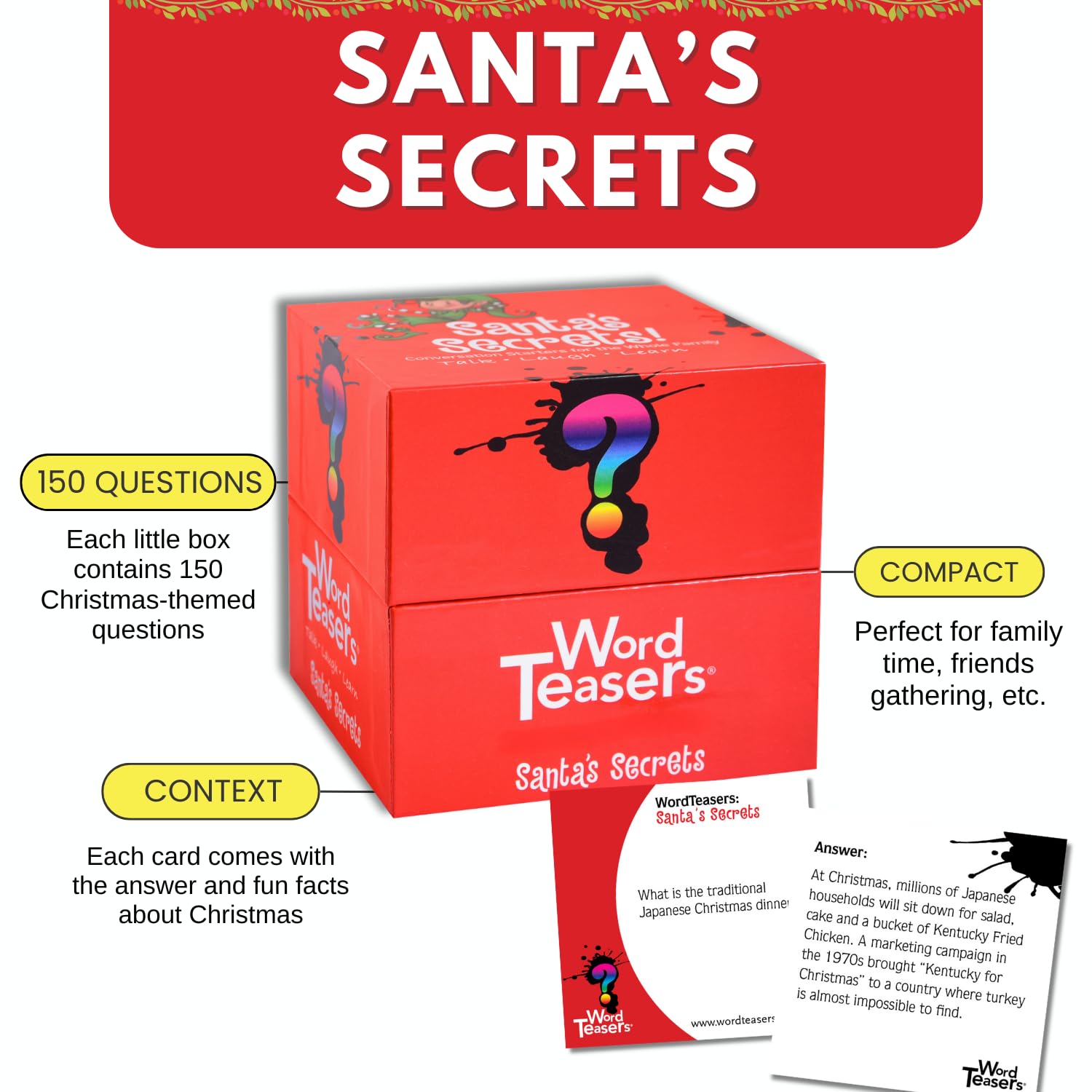 WORD TEASERS Santa's Secrets - Family Trivia Game with Holiday Conversation Cards & Party Game - 150 Trivia Cards