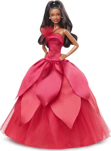 Barbie Signature 2022 Holiday Doll, Dark-Brown Wavy Hair Wearing Red Poinsettia-Inspired Gown, Collectible with Doll Stand & Certificate of