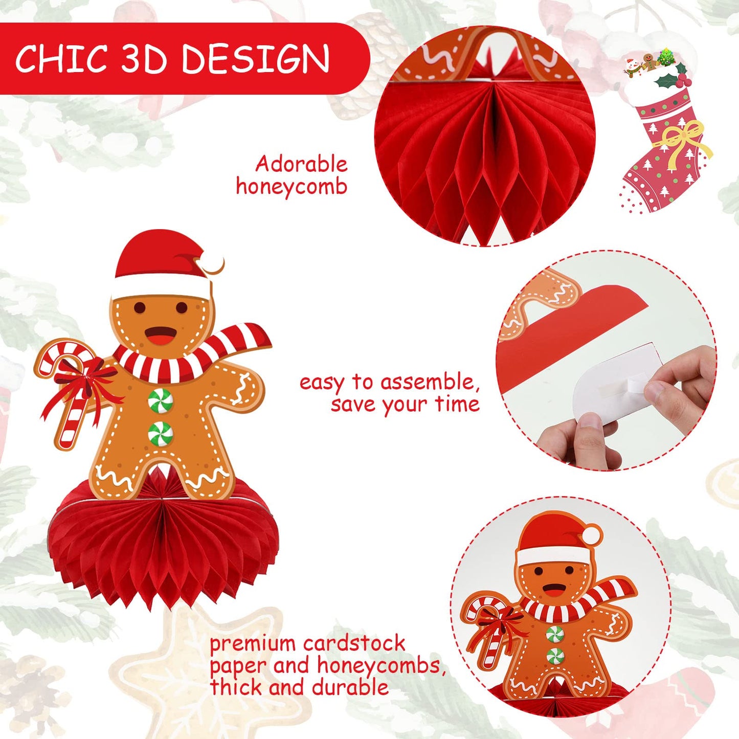 10 Pieces Christmas Gingerbread Man Party Ornaments Decorations Merry Xmas Gingerbread Man Snowflake Snowman Party Honeycomb Centerpieces Christmas