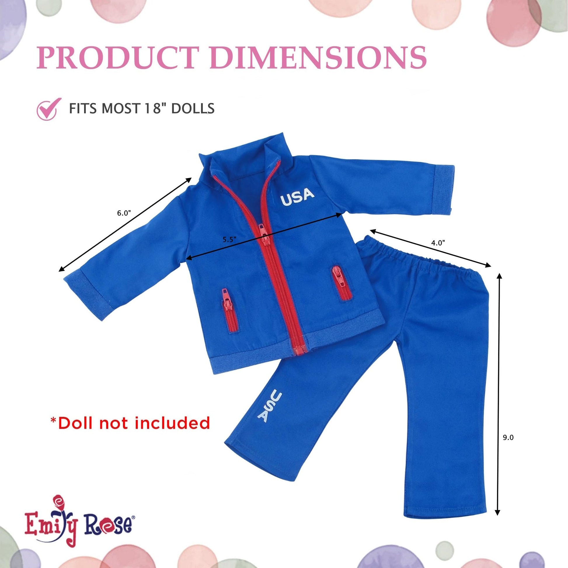 Emily Rose 18 Inch Doll Clothes - 2-Piece Athletic Warm Up Set with Zip-Up Jacket & Matching Pants | Red Blue | Signature Gift Box | Fits American