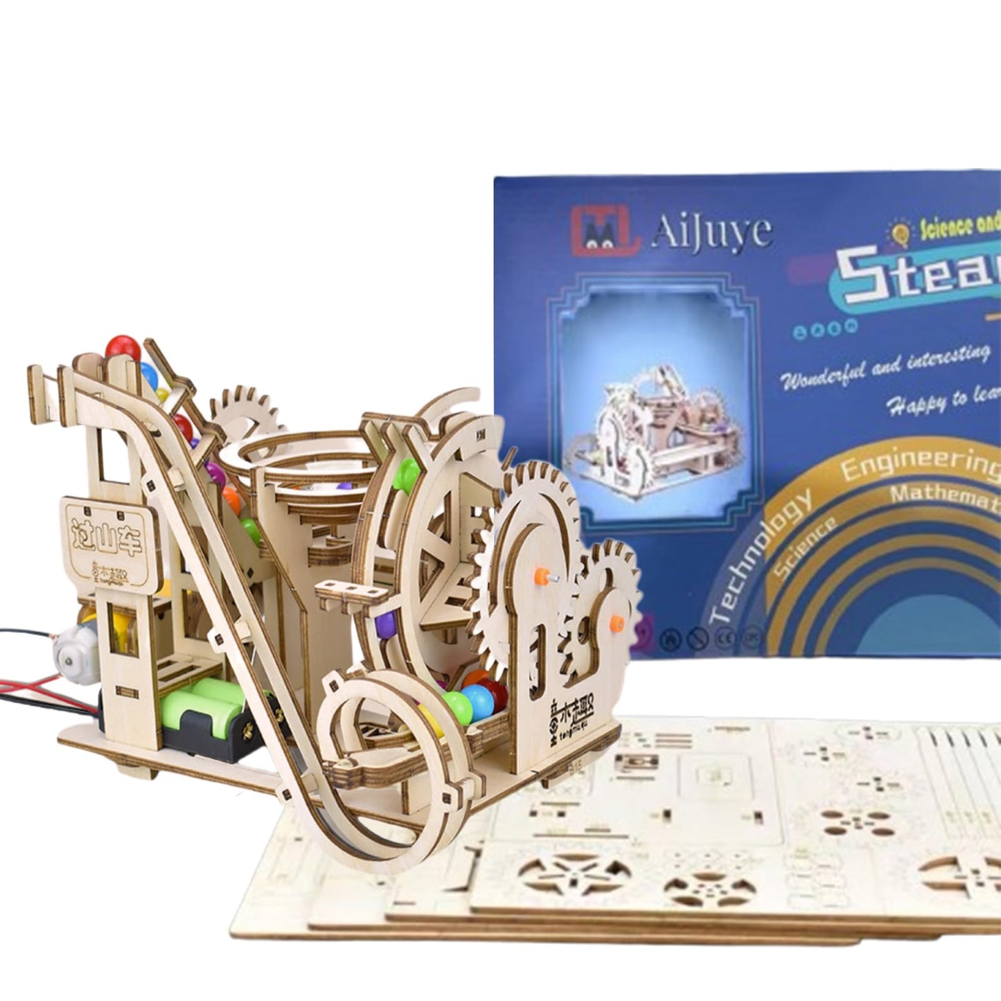 3D Wooden Roller Coaster Puzzle Motorized Marble Run Construction Kit with Gears and Tracks Mechanical Model Kit Laser Cut Wooden Pieces (Ages 14+)