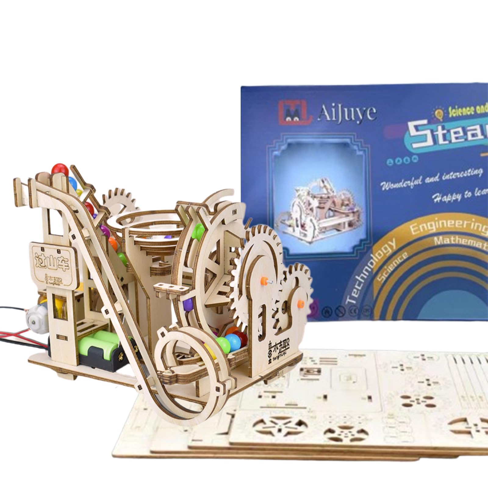 3D Wooden Roller Coaster Puzzle Motorized Marble Run Construction Kit with Gears and Tracks Mechanical Model Kit Laser Cut Wooden Pieces (Ages 14+)