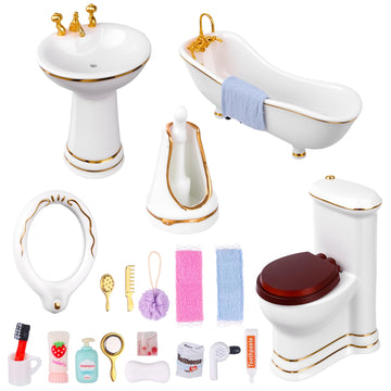 HCEWSBFD 1:12 Dollhouse Miniature Porcelain Bathroom Set 5Pcs White Ceramic Toilet Basin Bathtub Mirror Miniature Furniture with 15Pcs Doll
