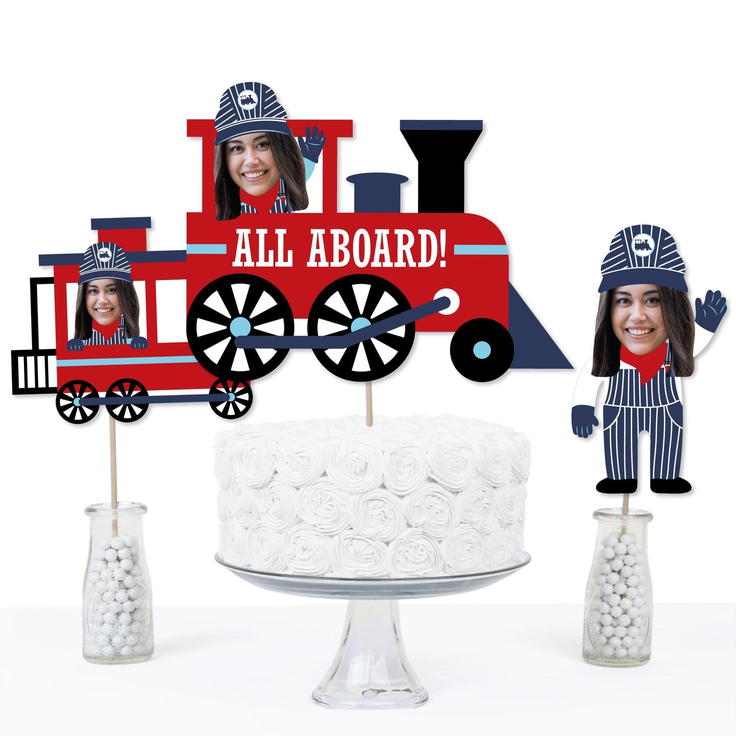 Big Dot of Happiness Custom Photo Railroad Party Crossing - Steam Train Birthday Party or Baby Shower Centerpiece Sticks - Fun Face Table Toppers
