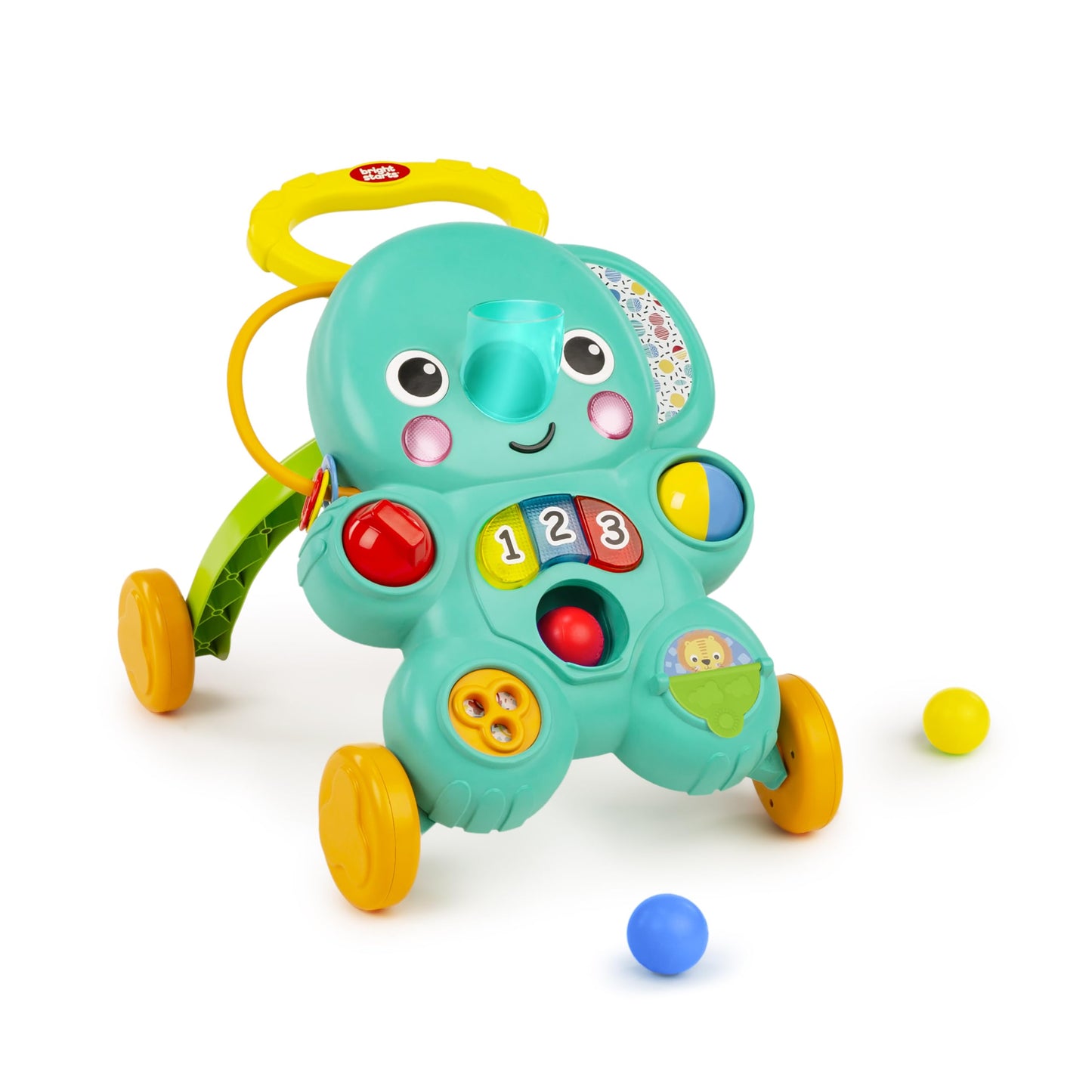 Bright Starts Stroll 'n Roll 2-in-1-Ball Push Walker - Includes 3 Toy Balls, Elephant with 70+ Songs & Sounds, 7 Activities - Ball Drop, Piano