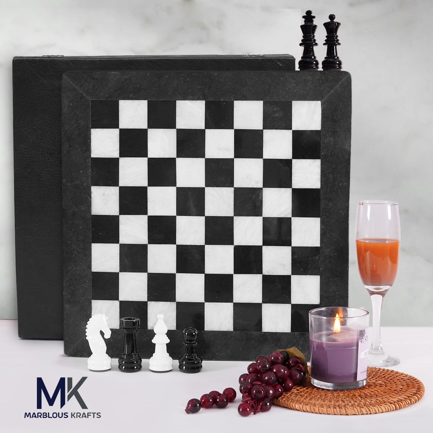Marblous Krafts Marble Chess Set 15 Inch Black & White Handcrafted Marble Chess Board with Pieces Luxury Chess Sets for Adults Classic Strategy Board