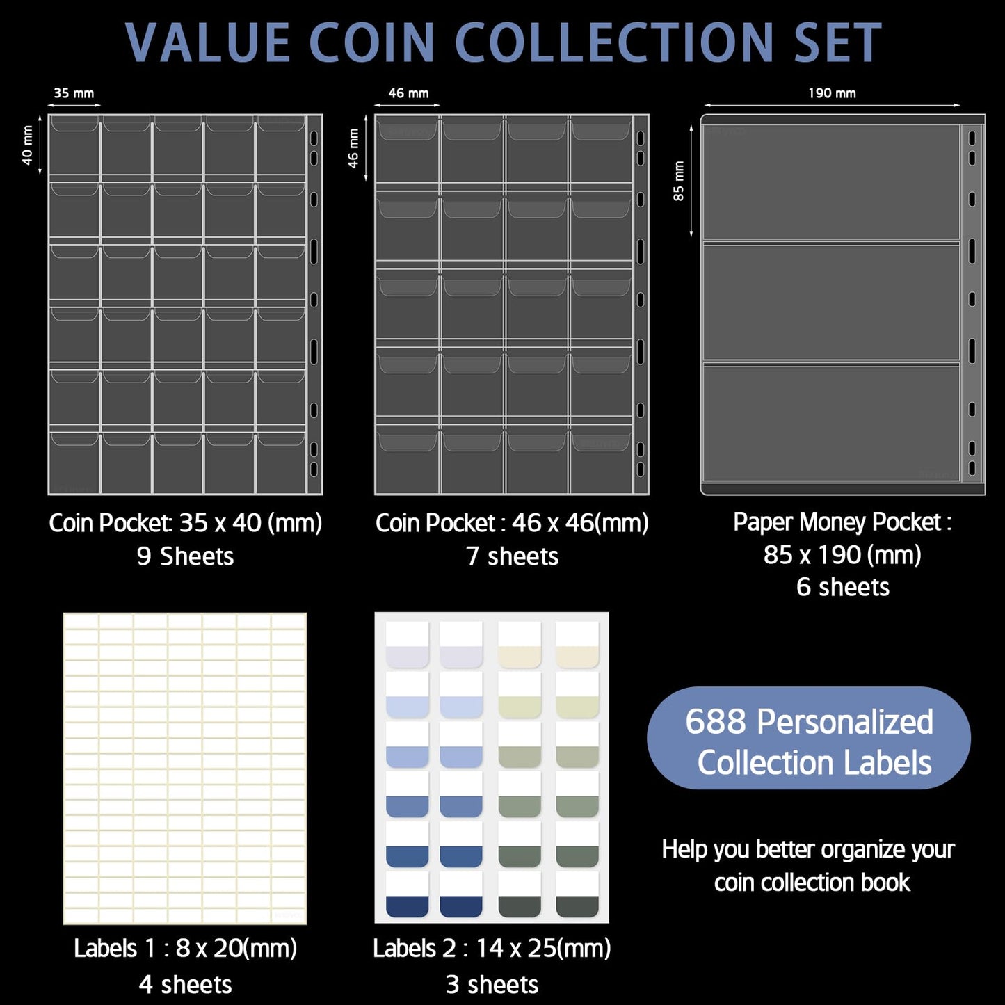 Coin Collection Album Holder for Collectors, 1403 Personalized Collection Labels, 410 Pockets Fireproof Coin Collection Book & 15 Paper Currency