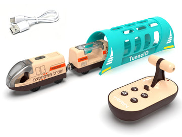 Electric Train for Wooden Track, Remote Control Train Toy, Motorized Train and Tunnel with Voice & Lights Effect, Battery Operated Locomotive Train