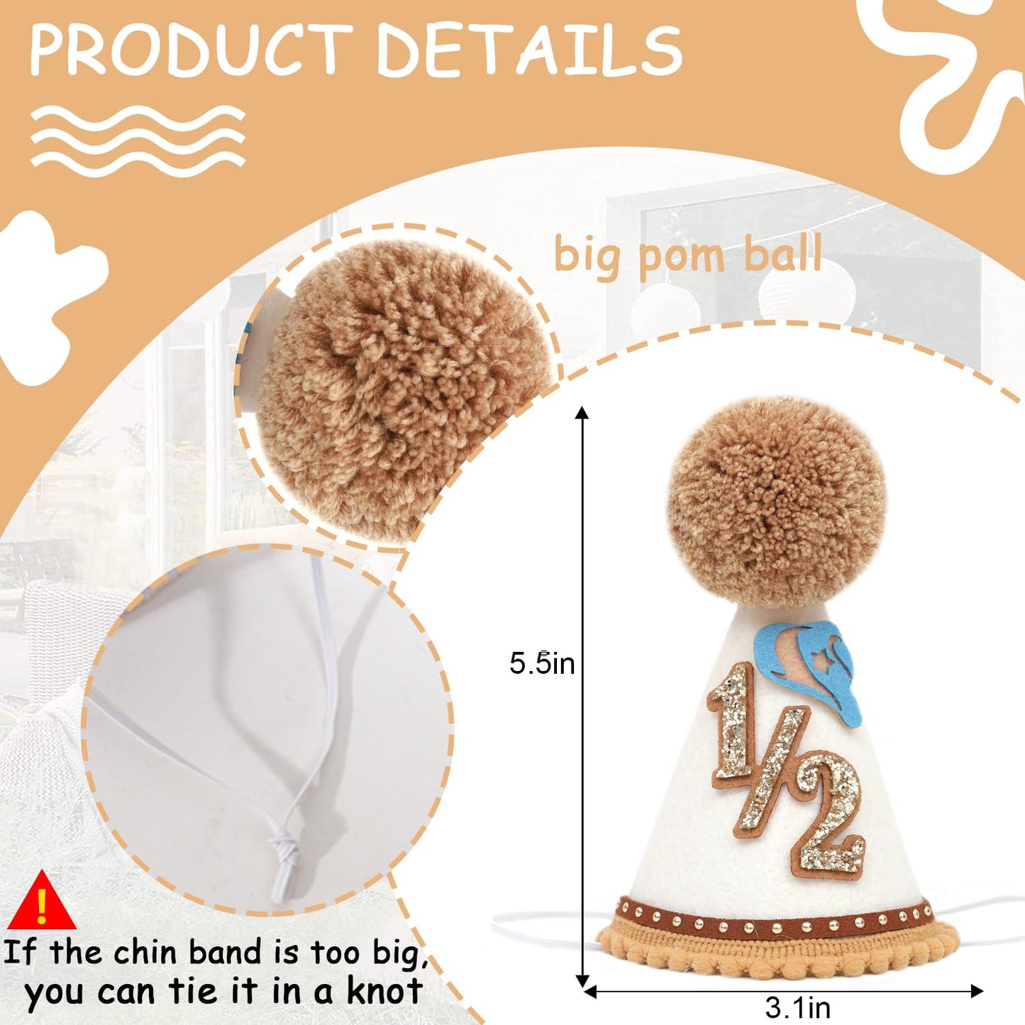 RSOLIET Cowboy Half Birthday Hat for 6 Months - Adjustable Western Baby Photo Prop for Cake Smash & Milestone Photos, 3-12 Months Cowboy Party Hat