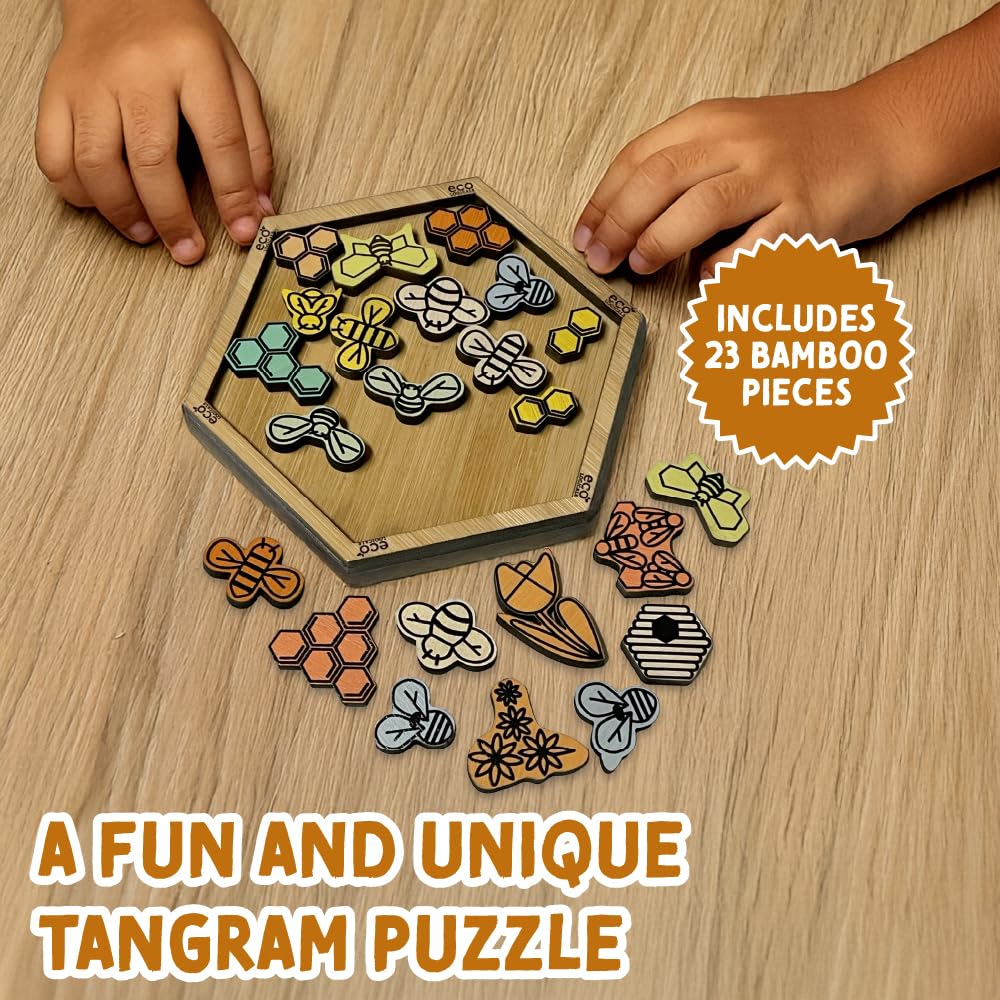 Bumble Jumble Tangram Puzzle, 23-Piece Wooden Brain Teaser, Eco Bamboo Hive Pack It in for Adults & Kids, Logic Desk Game & Quick Thinking Challenge