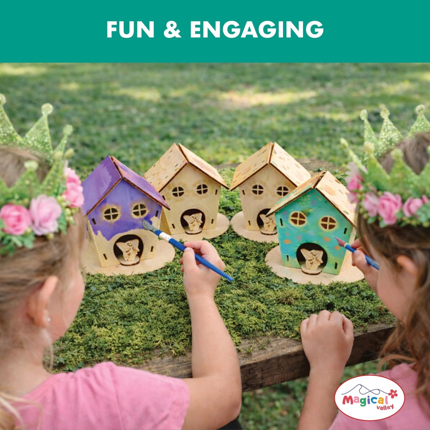 Magical Valley Fairy House Craft Kit 4-Pack for Kids, DIY Wooden Fairy Houses with Paint & Accessories, Arts & Crafts for Kids, Party Activity Kit