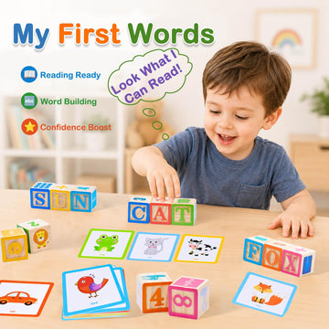 Humerry Wooden Alphabet Blocks with Flash Cards, 36 PCS ABC Learning Blocks for Toddlers 1-3